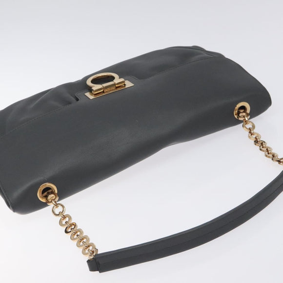 Salvatore Ferragamo Gancini Chain Shoulder Bag Leather Gray Gold Auth yk18490