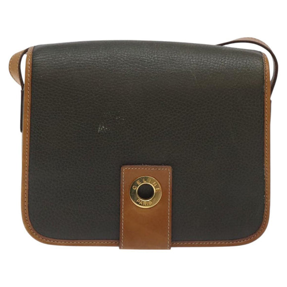 CELINE Shoulder Bag Leather Khaki Gold Auth yk18543