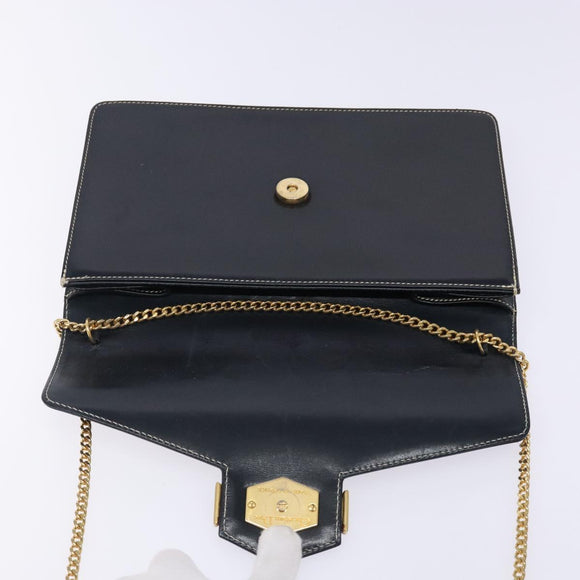 Christian Dior Chain Shoulder Bag Leather Navy Gold Auth yk18586