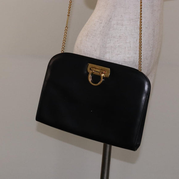 Salvatore Ferragamo Gancini Chain Shoulder Bag Leather Black Gold Auth yk18587