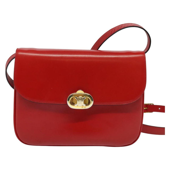 CELINE Shoulder Bag Leather Red Gold Auth yk18689
