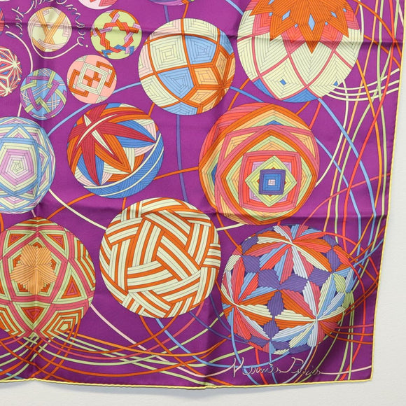 HERMES Carre 90 Scarf ""L’Art du Temari"" Silk Purple gray Auth yk18757