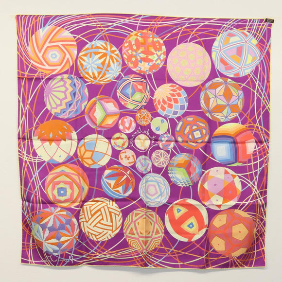 HERMES Carre 90 Scarf ""L’Art du Temari"" Silk Purple gray Auth yk18757