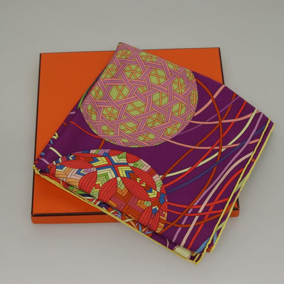 HERMES Carre 90 Scarf ""L’Art du Temari"" Silk Purple gray Auth yk18757