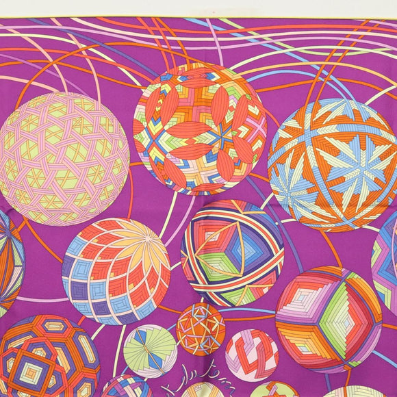 HERMES Carre 90 Scarf ""L’Art du Temari"" Silk Purple gray Auth yk18757