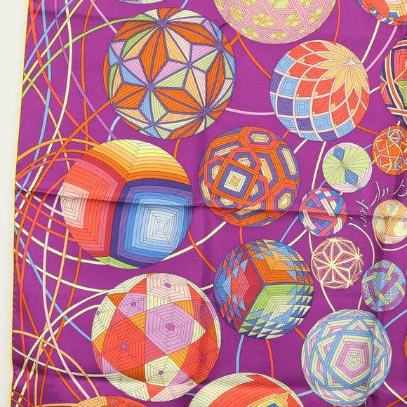 HERMES Carre 90 Scarf ""L’Art du Temari"" Silk Purple gray Auth yk18757