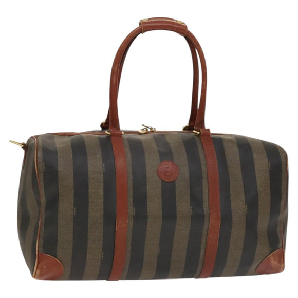 FENDI Pecan Canvas Boston Bag PVC Black Brown gold Auth yk18761