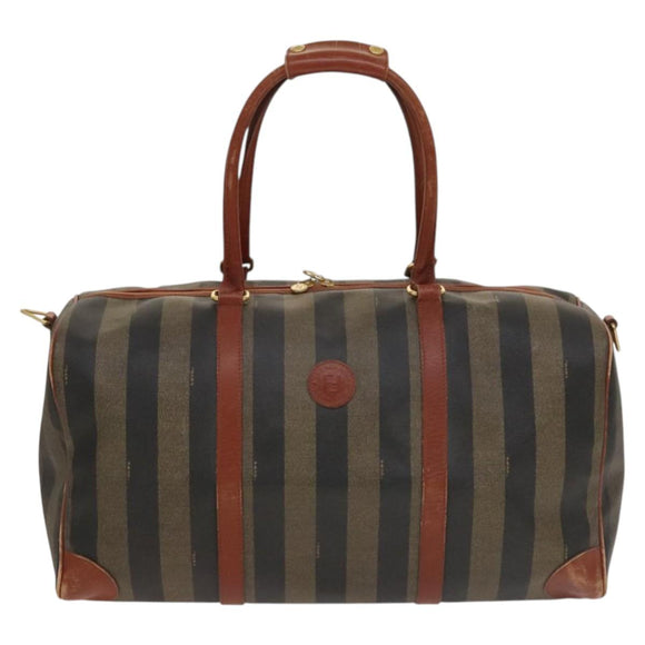 FENDI Pecan Canvas Boston Bag PVC Black Brown gold Auth yk18761