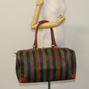 FENDI Pecan Canvas Boston Bag PVC Black Brown gold Auth yk18761-22