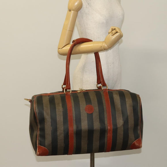 FENDI Pecan Canvas Boston Bag PVC Black Brown gold Auth yk18761