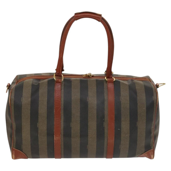 FENDI Pecan Canvas Boston Bag PVC Black Brown gold Auth yk18761