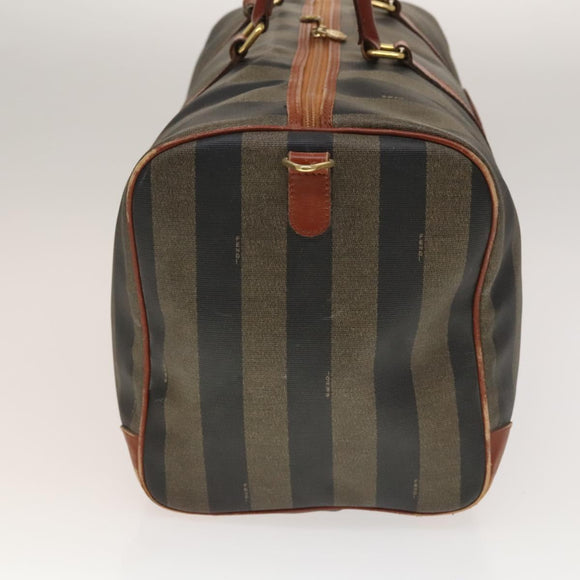 FENDI Pecan Canvas Boston Bag PVC Black Brown gold Auth yk18761