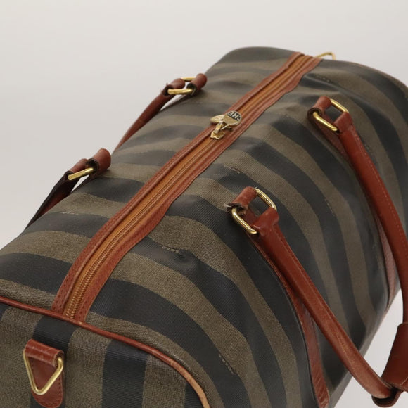 FENDI Pecan Canvas Boston Bag PVC Black Brown gold Auth yk18761