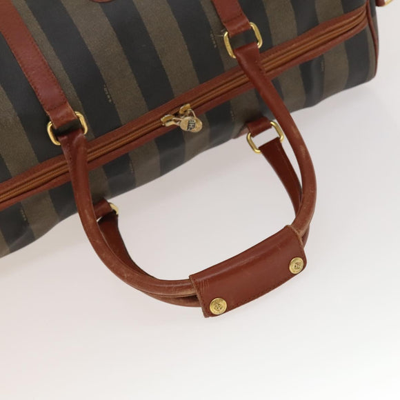 FENDI Pecan Canvas Boston Bag PVC Black Brown gold Auth yk18761