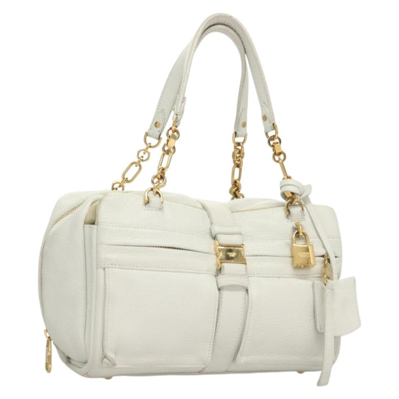 LOEWE Chain Roller Hand Bag Leather White Gold Auth yk18800