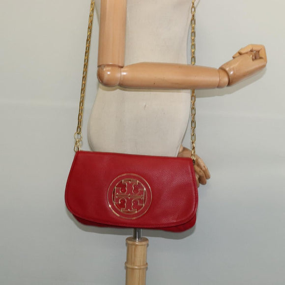TORY BURCH Chain Amanda Shoulder Bag Leather Red Gold Auth yk18802