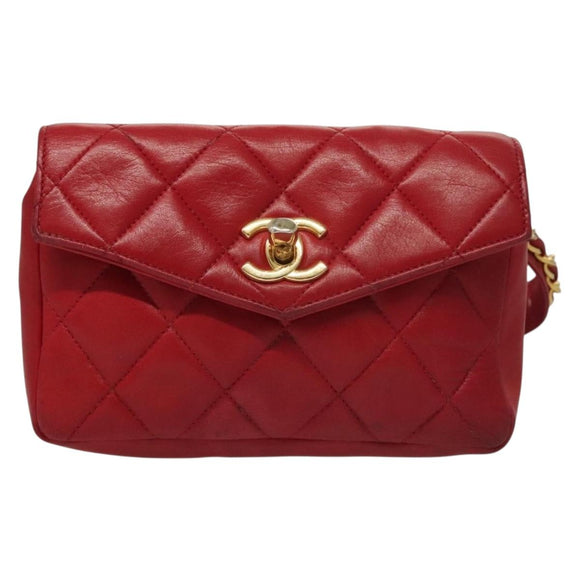 CHANEL Matelasse Chain Waist bag Lamb Skin Red Gold CC Auth yk18848