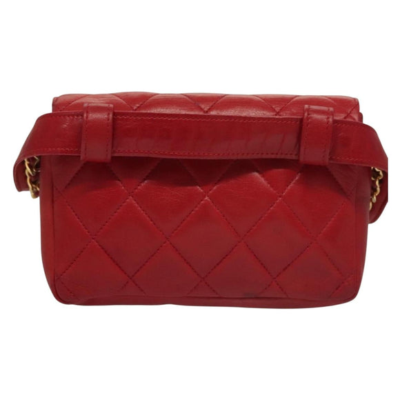 CHANEL Matelasse Chain Waist bag Lamb Skin Red Gold CC Auth yk18848