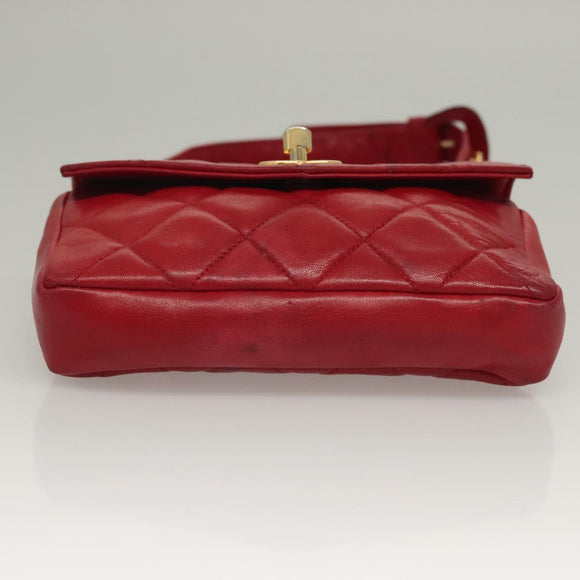 CHANEL Matelasse Chain Waist bag Lamb Skin Red Gold CC Auth yk18848