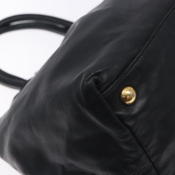 PRADA Ribbon Hand Bag Leather Black Gold Auth yk18879