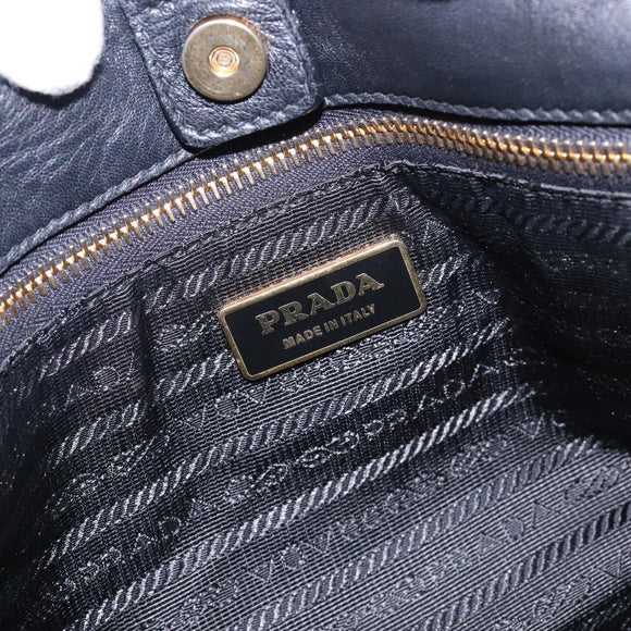 PRADA Ribbon Hand Bag Leather Black Gold Auth yk18879