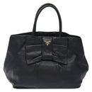 PRADA Ribbon Hand Bag Leather Black Gold Auth yk18879-2