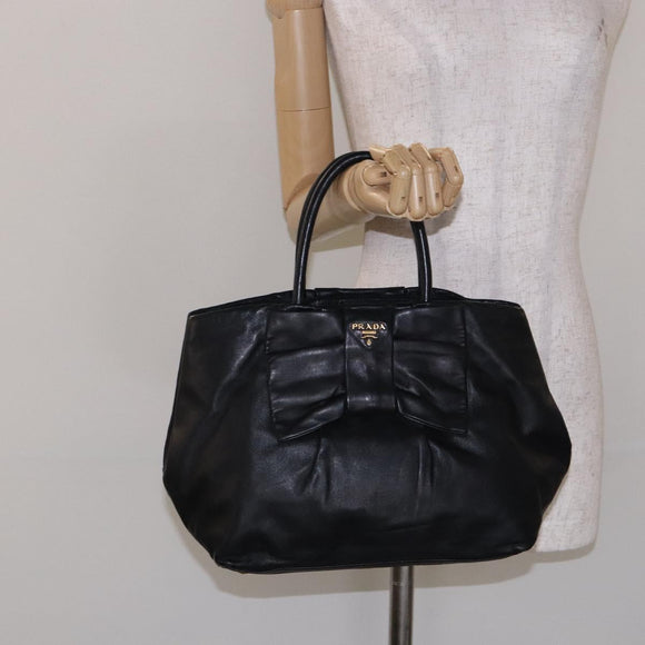 PRADA Ribbon Hand Bag Leather Black Gold Auth yk18879