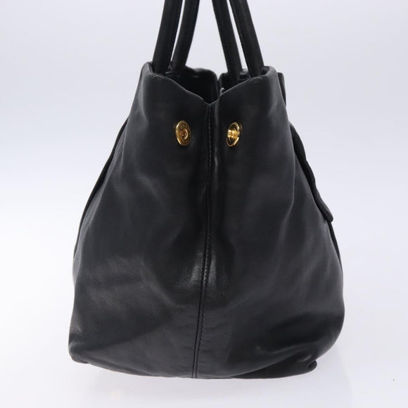 PRADA Ribbon Hand Bag Leather Black Gold Auth yk18879