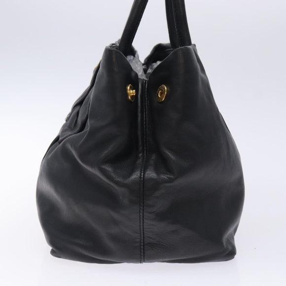 PRADA Ribbon Hand Bag Leather Black Gold Auth yk18879