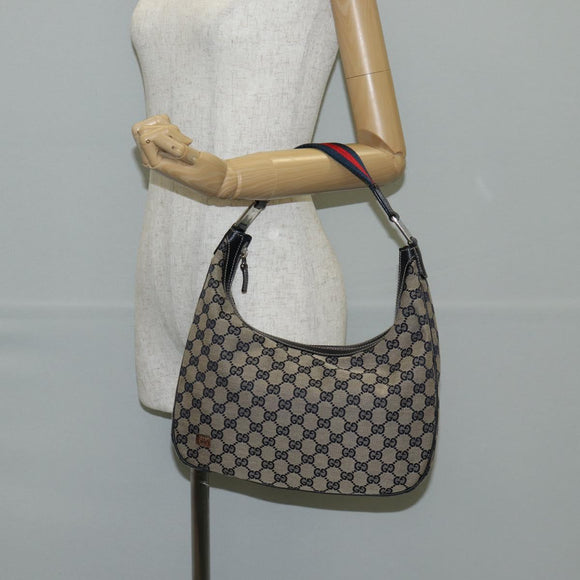GUCCI GG Canvas Sherry Line Shoulder Bag Navy Beige Red 145757 Auth yk18918V