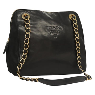 PRADA Chain Shoulder Bag Leather Black Gold Auth yk18939