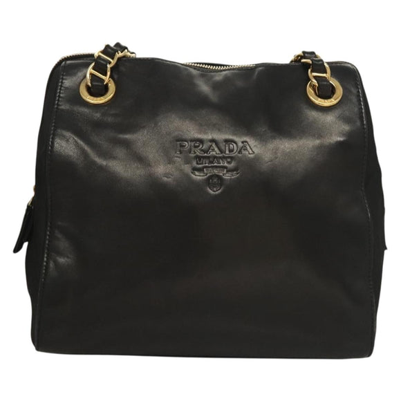 PRADA Chain Shoulder Bag Leather Black Gold Auth yk18939