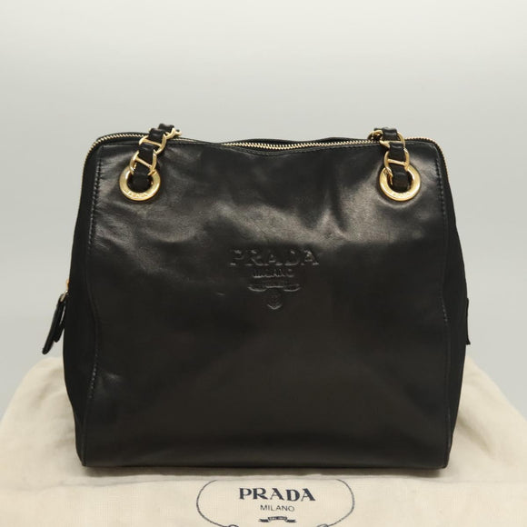 PRADA Chain Shoulder Bag Leather Black Gold Auth yk18939
