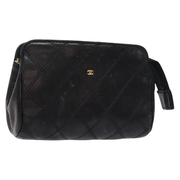 CHANEL Bicolore Pouch Lamb Skin Black Gold CC Auth yk18941