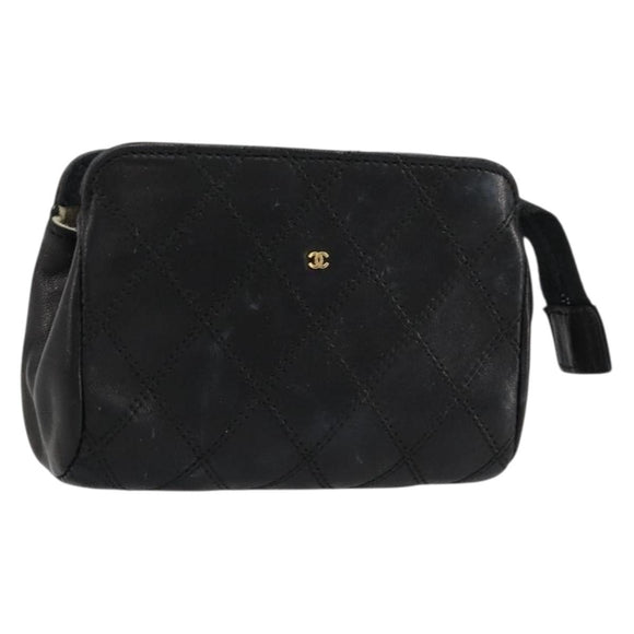 CHANEL Bicolore Pouch Lamb Skin Black Gold CC Auth yk18941