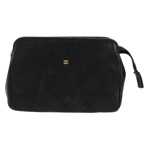 CHANEL Bicolore Pouch Lamb Skin Black Gold CC Auth yk18941