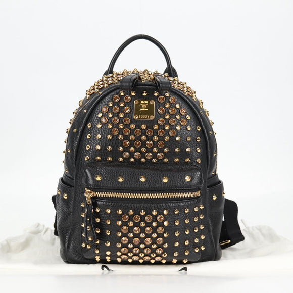 MCM Vicetos Studs Backpack Leather Black Gold Auth yk19000V