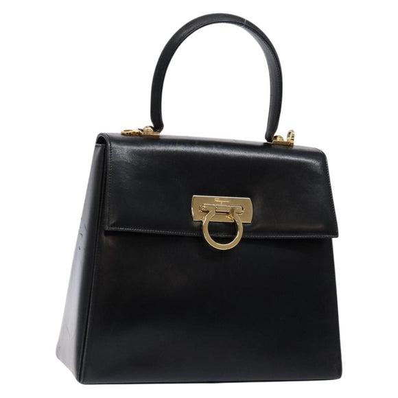 Salvatore Ferragamo Gancini Hand Bag Leather Black Gold Auth yk19008
