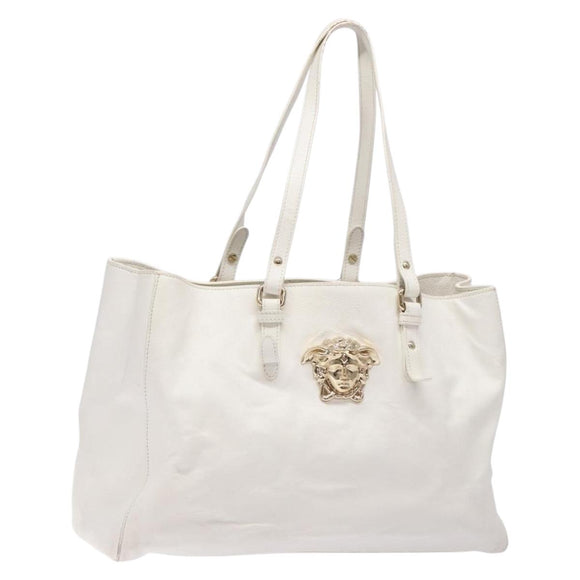 VERSACE Tote Bag Leather White Gold Auth yk19012