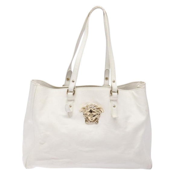 VERSACE Tote Bag Leather White Gold Auth yk19012
