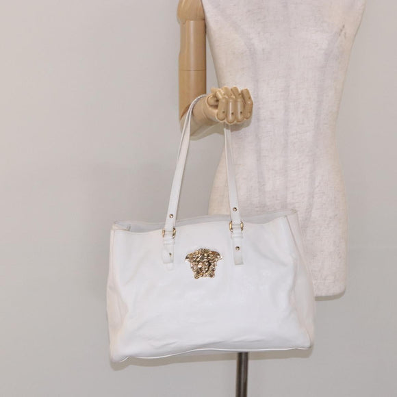 VERSACE Tote Bag Leather White Gold Auth yk19012