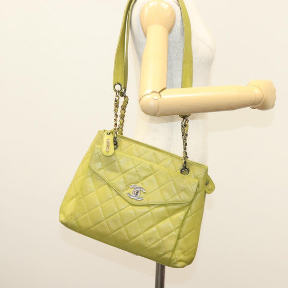 CHANEL Matelasse Chain Shoulder Bag Caviar Skin Green Gold CC Auth yk19052