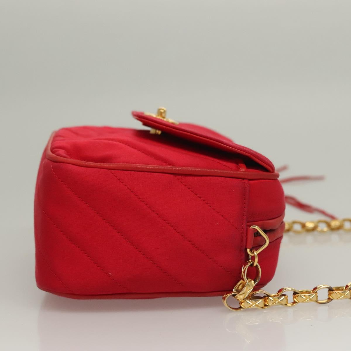 CHANEL Bias Stitch Chain Shoulder Bag Satin Red Gold CC Auth