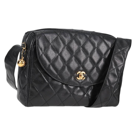 CHANEL Matelasse Shoulder Bag Caviar Skin Black Gold CC Auth yk19085V