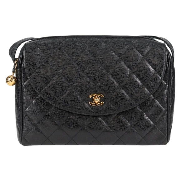 CHANEL Matelasse Shoulder Bag Caviar Skin Black Gold CC Auth yk19085V