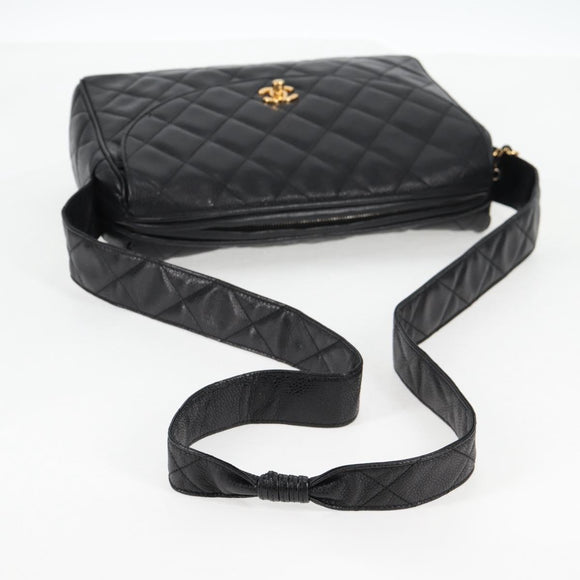 CHANEL Matelasse Shoulder Bag Caviar Skin Black Gold CC Auth yk19085A