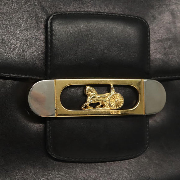 CELINE Horse Carriage Shoulder Bag Leather Black Gold Auth yk19109