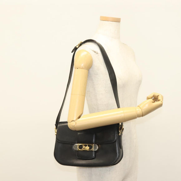 CELINE Horse Carriage Shoulder Bag Leather Black Gold Auth yk19109
