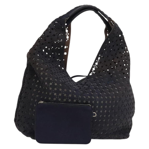 LOEWE Anagram Punching Shoulder Bag Leather Navy Metallic Silver Auth yk19288