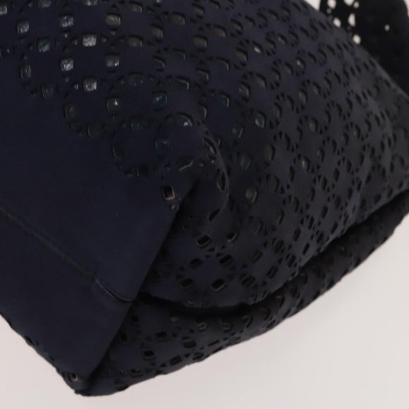 LOEWE Anagram Punching Shoulder Bag Leather Navy Metallic Silver Auth yk19288